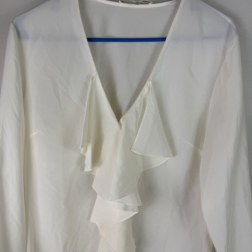 FRAME Silk Ruffle Blouse Cream Medium V Neck Long Sleeve Luxury Designer Top - Picture 3 of 8